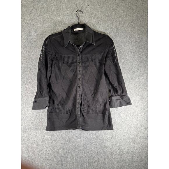 Anne Fontaine Blouse Women 42 (4-6) Black Collar Mesh Button Front Quiet Lux - Picture 1 of 7